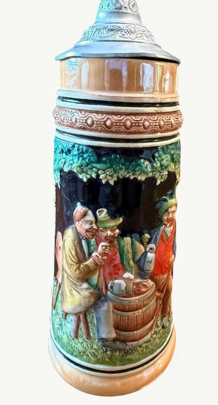 Vintage West German 1L Beer Stein Pewter Lid Hopfen Malz Relief 11.5